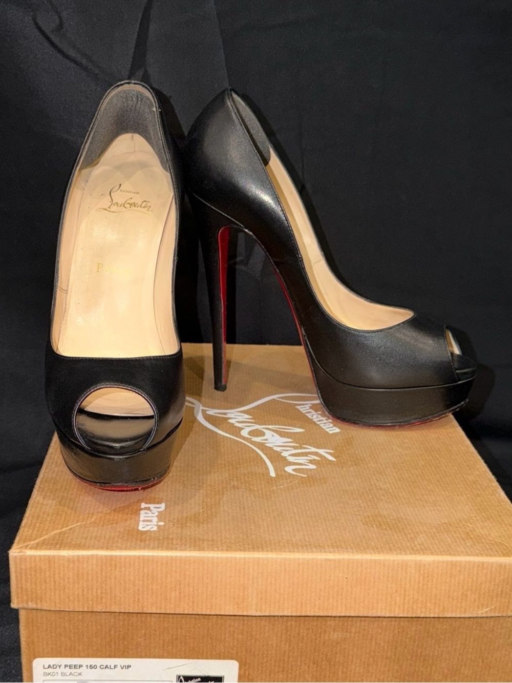 Authentic Christian Louboutin Black Peep-Toe Platform Heels with Red Soles